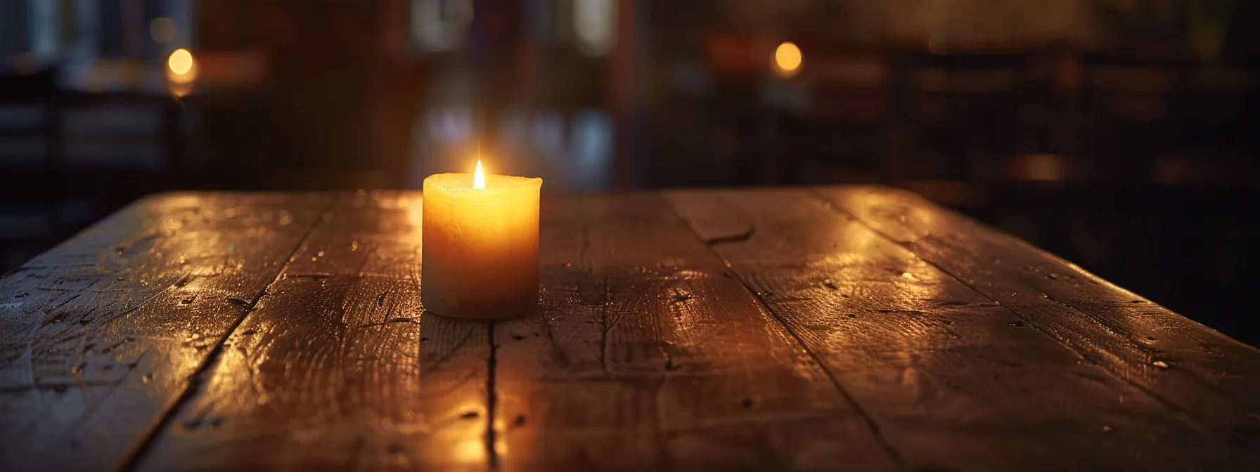 a dark room illuminated by a single, flickering candle on a rustic wooden table.