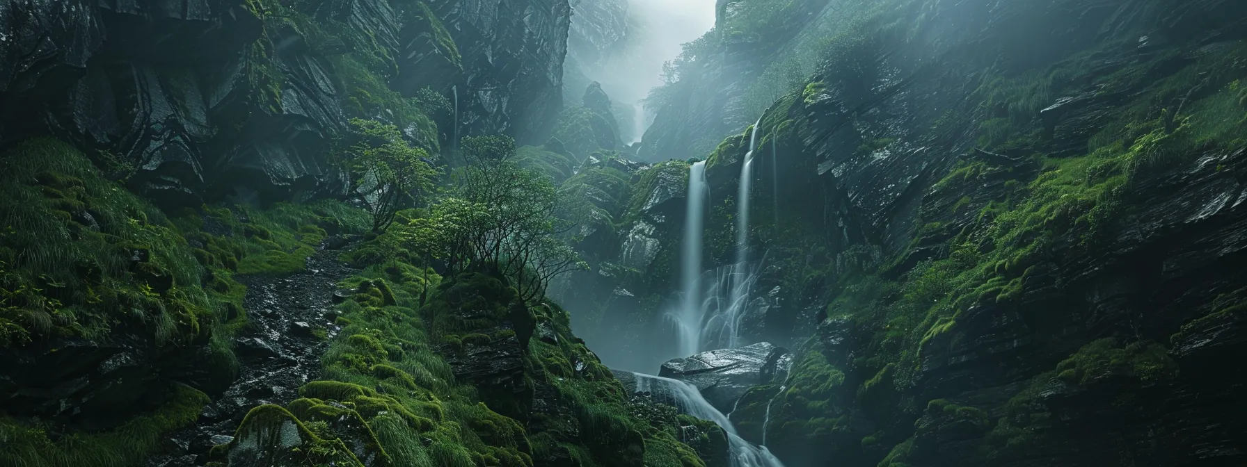 a serene photo of a majestic waterfall cascading down a lush green mountainside.