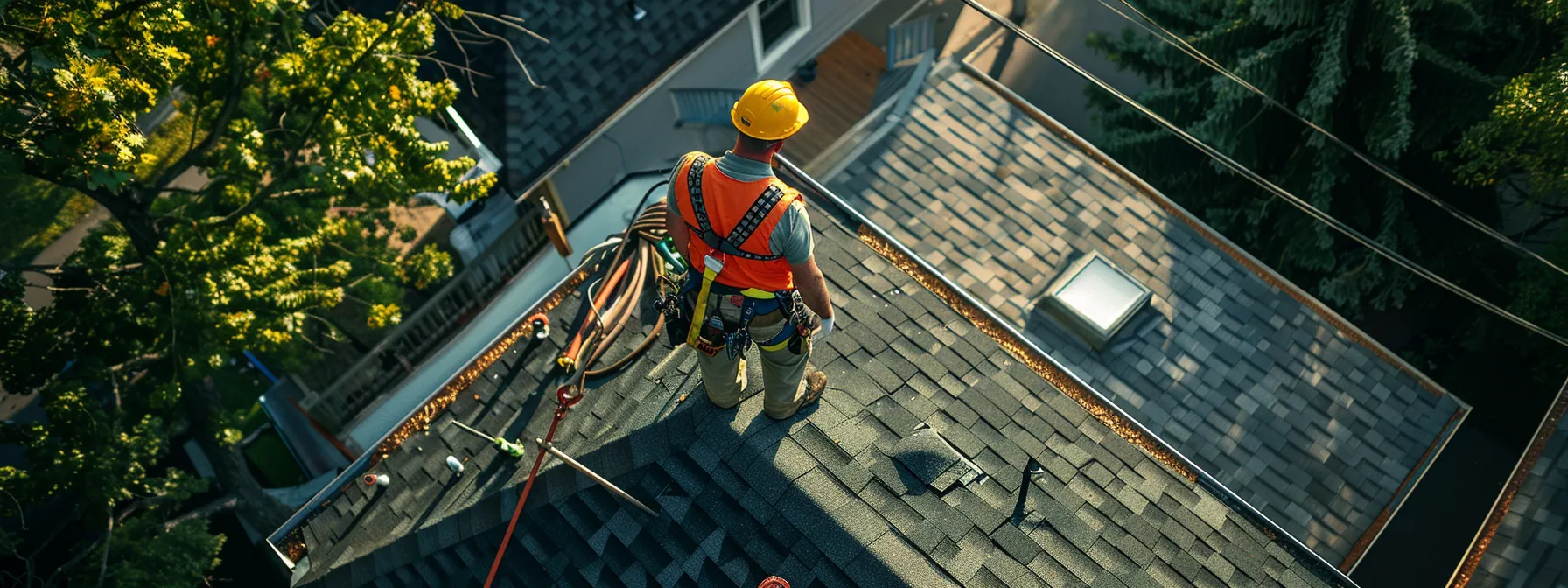 a technician inspecting a weatherhead installation atop a house, with scattered tools and safety equipment nearby.