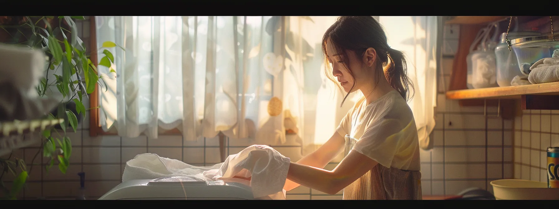 a woman using a fabric softener sheet to eliminate static electricity from her clothes in a cozy laundry room.